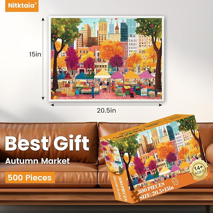 500 Pieces Puzzle for Adults–Beautiful Autumn Market Puzzle for Adults Elderly–Recycled Paper Jigsaw Puzzle 500 Piece–Glossy, Sturdy Pieces Challenging Family Game Great Gift Idea (20.5x15in)