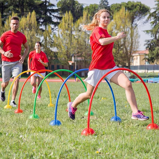 Hiboom 6 Set Multi-Dome Arch Gates Set Include 6 Obstacle Course Arch Gates with 12 Domes Base Rainbow Color Sport PE Equipment for Adult Obstacle Course Outdoor Backyard Lawn Sports Games