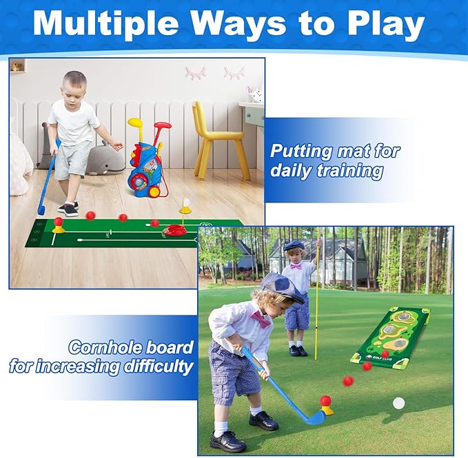 Toddler Golf Set for Boys Girls 1 2 3 4 Years Old, Upgraded Kids Golf Cart with Putting Mat & Cornhole Board, Outdoor Indoor Sports Toys, Blue