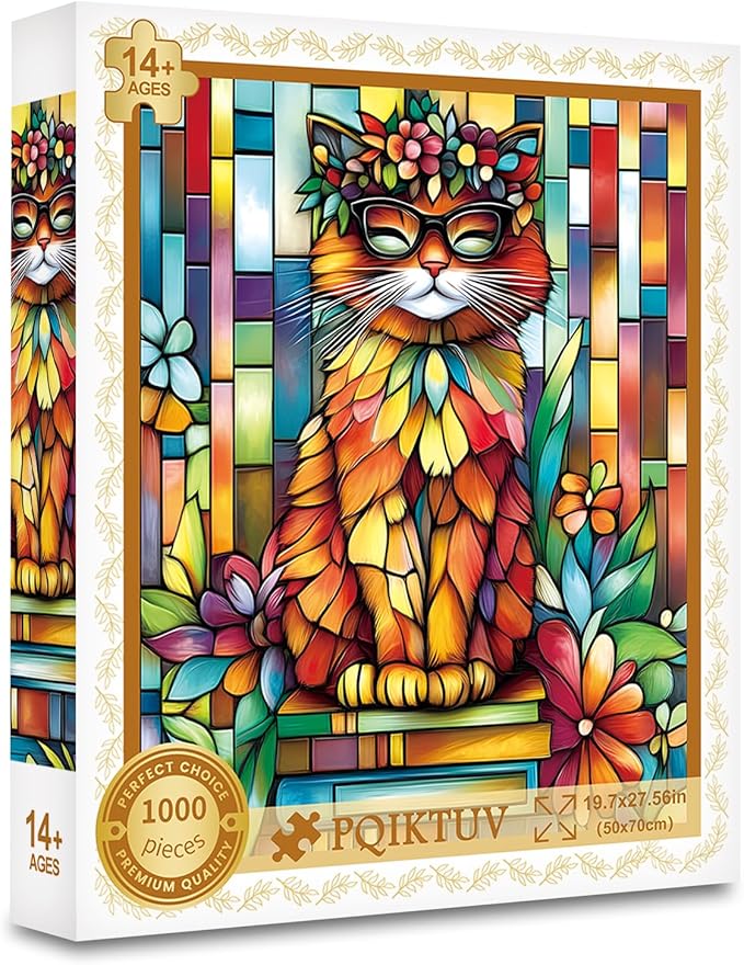 1000 Piece Adult Puzzle, Stained Glass Cat with Sunglasses, Jigsaw Puzzles with Letters on Back Impossible Challenging Puzzle, Family Puzzle Decoration Challenging Puzzles (27.56x19.7 Inch)