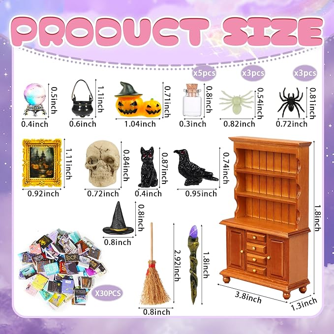 Rileryan 53 Pcs 1:12 Scale Magic Witchy Mini House Kit Halloween Miniatures Accessories Wooden Furnitures Bookshelf Bookcase 30 Mini Books Halloween Decoration