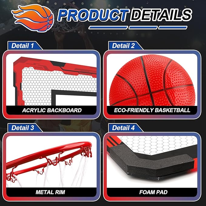 Indoor Mini Basketball Hoop Set Gift for Kids Adults, Upgrade Over Door Hoop with 4 Rubber 6" Balls, Wall Mount Hoop for Bedroom Yard, Christmas Stocking Stuffer Gift for Boys Teen