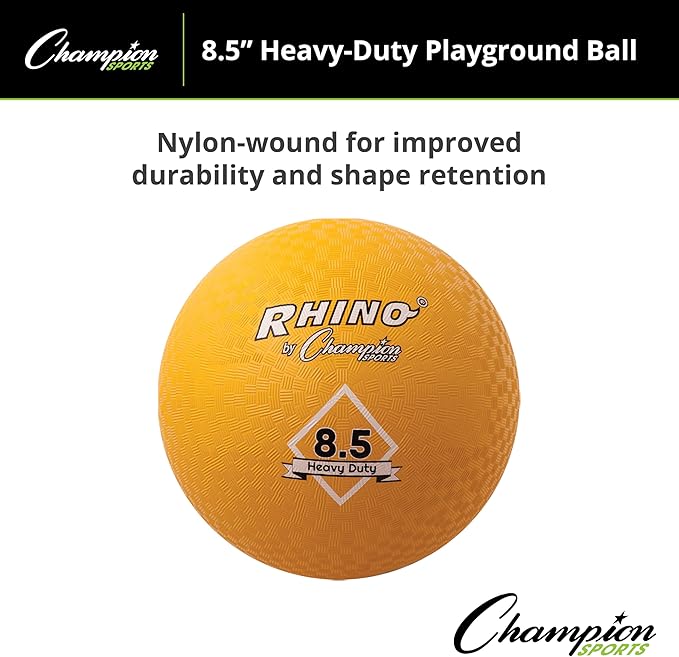 Champion Sports Heavy-Duty Rhino Playground Ball 8.5"D - Two Ply, Nylon Wound, YELLOW ONLY