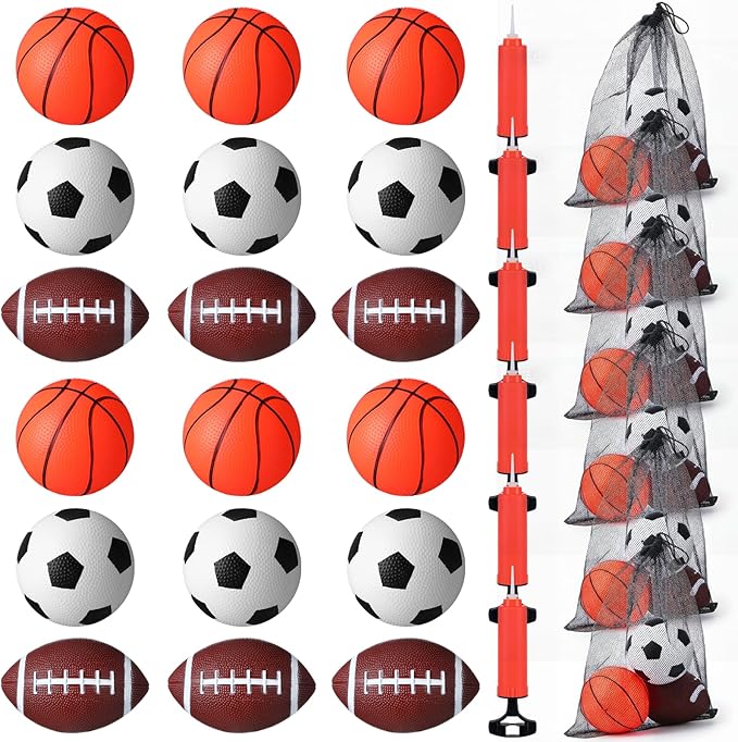 18 Pack Sports Balls for Toddlers Kids Bulk Playground Balls Set 5" Soccer Ball 6.5" Football & 5" Basketball with Hand Pump and Bag Indoor Outdoor Toys Sports Gifts(6 Set)