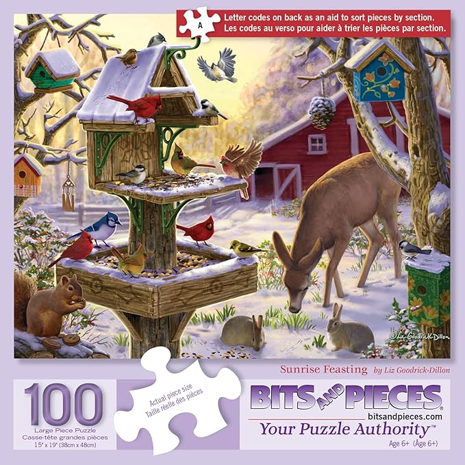 Bits and Pieces Jigsaw Puzzle for Adults – Sunrise Feasting by Liz Goodrick Dillon – Beautiful Artwork, Random Die-Cut Pieces, Durable Puzzle (100 Piece Puzzle 15" x 19")