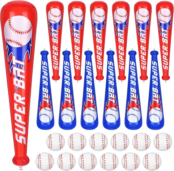 Fovths 12 Sets Inflatable Baseball Bats and Mini Baseball Set 22 Inches Inflatable Bat Sports Stress Ball for Baseballs Party Favors Sports Theme Decoration Goodie Bag Stuffers