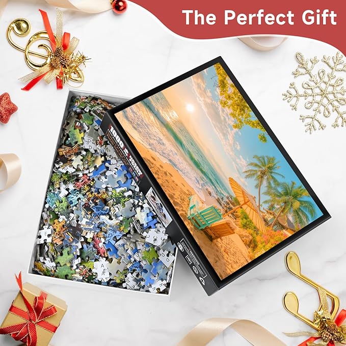 Tropical Beach Sunset 1000 Piece Puzzle for Adults - Coastal Paradise Art, Palm Tree Lounge Chair Scene, Poster & Lettered Back, 28"x20" HD, Gift for Travel & Relaxation Lovers