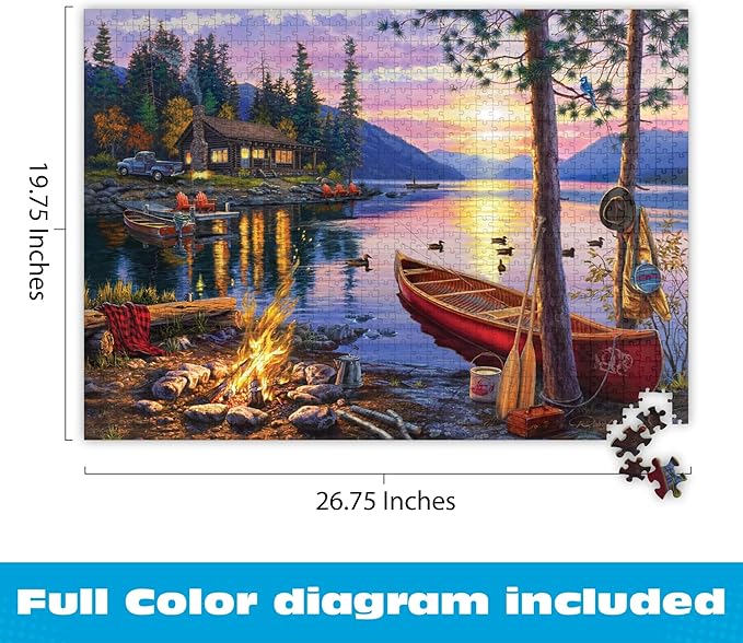 Buffalo Games - Canoe Lake 1000 Piece Puzzle for Adults - Jigsaw Puzzles – Darrell Bush Cabin Sunset Artwork with Poster – Challenging Outdoor Nature Scene