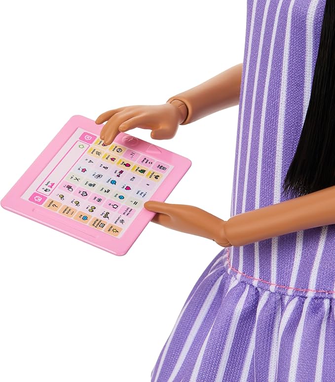 Barbie Fashionistas Doll #245, Autistic Doll Wearing Purple Striped Dress with Accessories Like Fidget Spinner, Tablet and Headphones