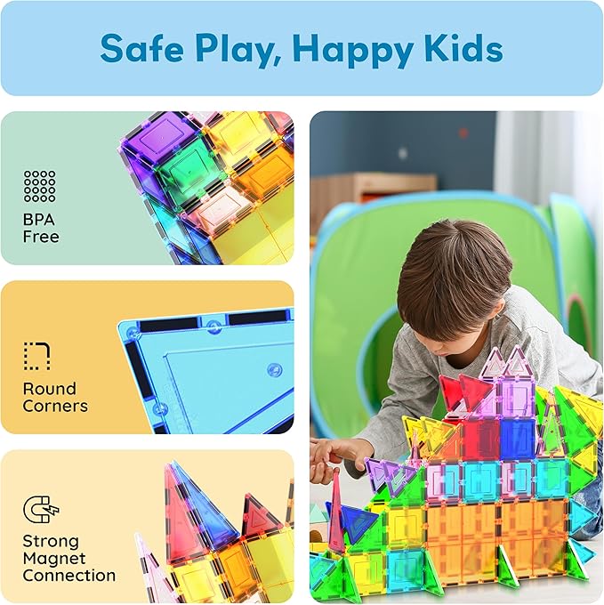 PicassoTiles 101 PCs Magnetic Tiles Building Block with Storage Case Included Bold Colors Travel Carry Case Construction Set for Boys & Girls Great Gift Preschool Kindergarten Montessori Playing Toys