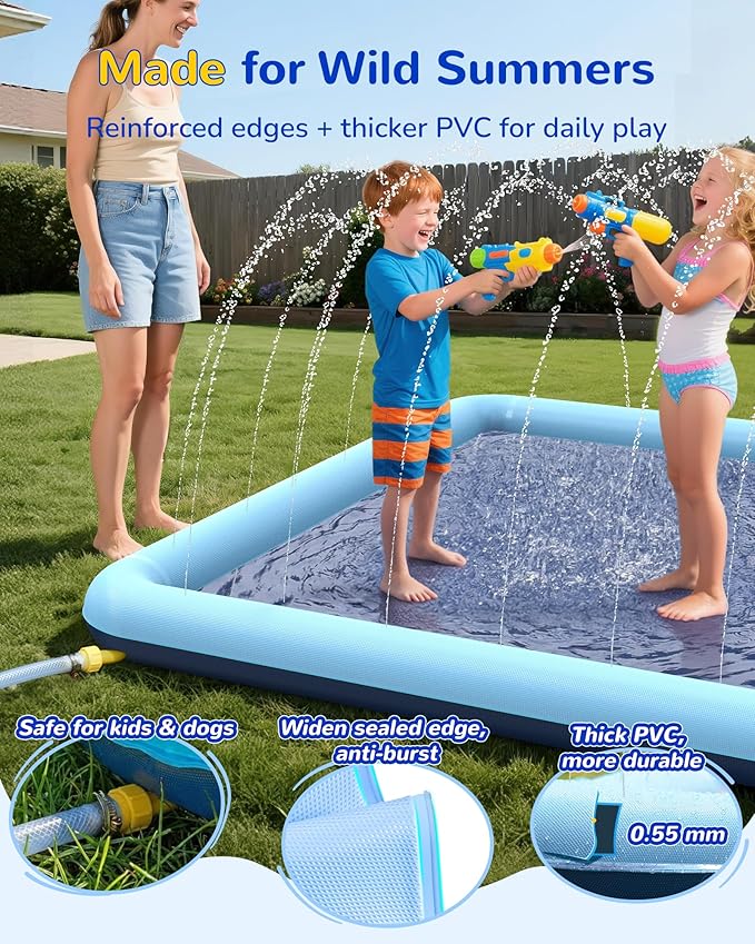 VISTOP Non-Slip Splash Pad for Kids and Dog, Thicken Sprinkler Pool Summer Outdoor Water Toys - Fun Backyard Fountain Play Mat for Baby Girls Boys Children or Pet Dog (85 * 85 inch, Blue&Blue)