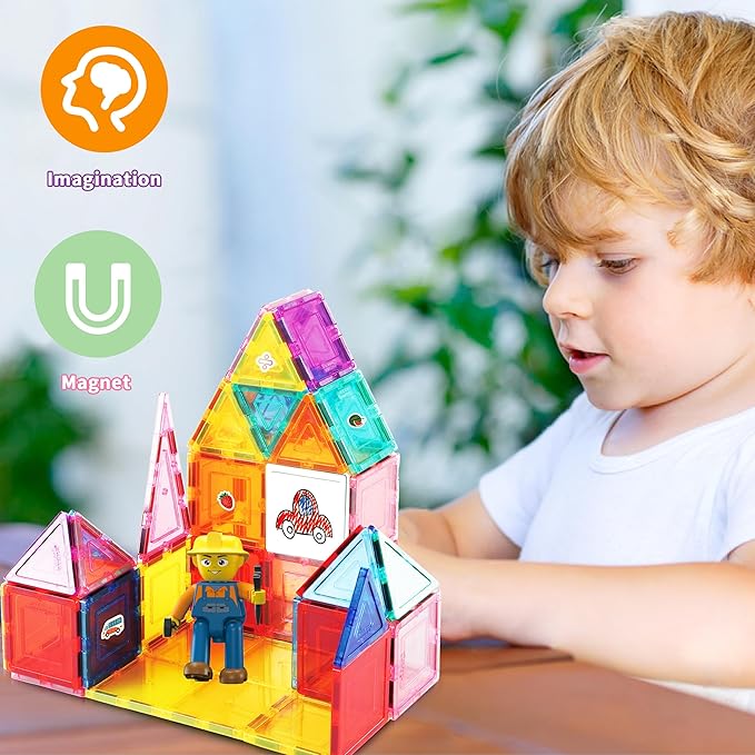 PicassoTiles Mega Magnetic Building Block 350 Piece Set Magnet Tile Construction Blocks with Car Base, Character Figures, Markers, Whiteboard, 110+ Page Ideabook Included for Ages 3 Up STEM Learning