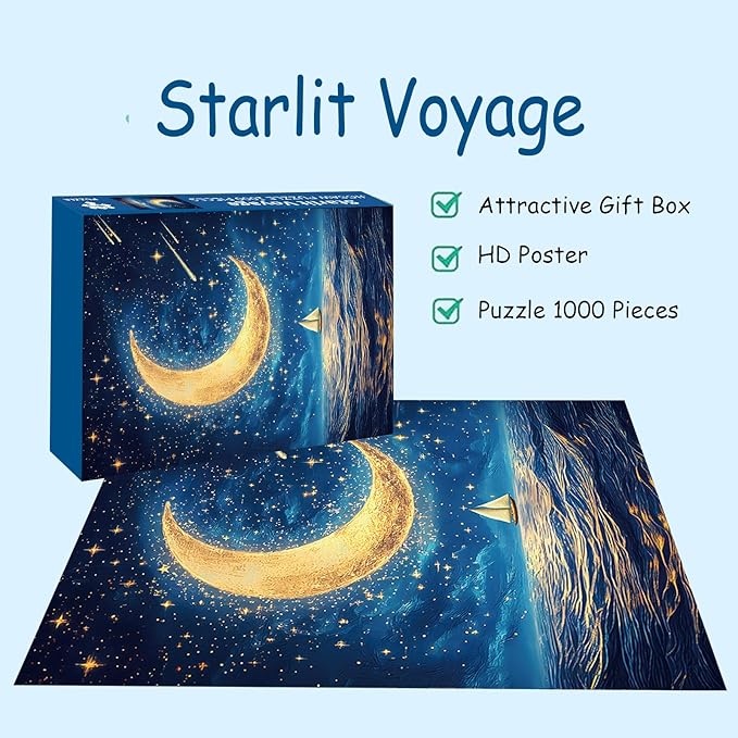 Ocean Puzzle 1000 Pieces-Starlit Voyage, Starry Night Puzzle 1000 Pieces, Moon Puzzles for Adults, Difficult Jigsaw Puzzle for Families, Finished Size 19.69 * 27.56", with 1:1 Poster