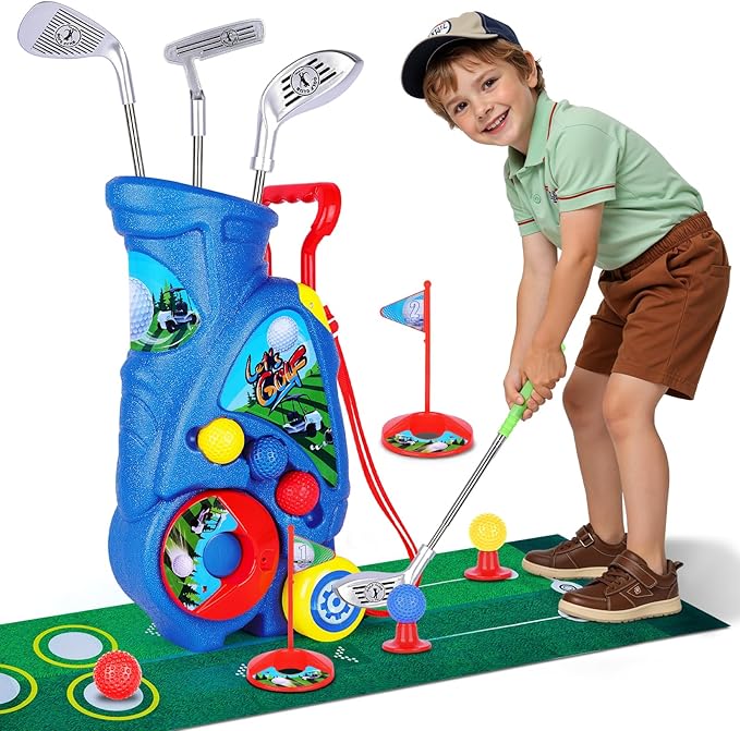 Toddler Golf Set with Shoulder Strap for Kids Ages 2-5, Portable Golf Clubs, Cart & Putting Mat - Indoor Outdoor Sports Toys - Blue