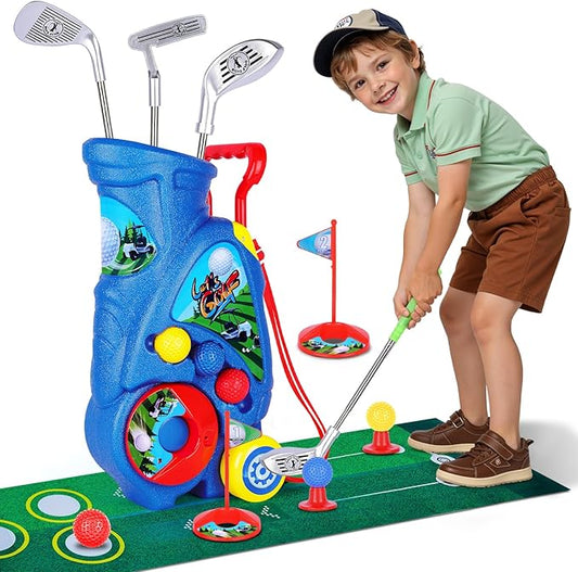 Toddler Golf Set with Shoulder Strap for Kids Ages 2-5, Portable Golf Clubs, Cart & Putting Mat - Indoor Outdoor Sports Toys - Blue