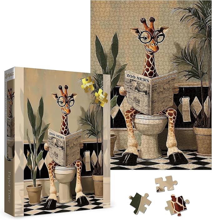 Funny Giraffe Newspaper Puzzles for Adults 1000 Pieces, Vintage Cute Bathroom Animal Jigsaw Puzzle, Difficult Toilet Paper Art Puzzles