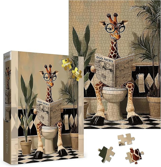 Funny Giraffe Newspaper Puzzles for Adults 1000 Pieces, Vintage Cute Bathroom Animal Jigsaw Puzzle, Difficult Toilet Paper Art Puzzles