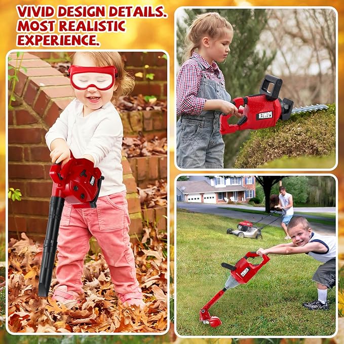3 Pcs Toy Gardening Tool Set for Kids Toy Leaf Blower Weed Trimmer Hedge Trimmer Pretend Set with Lights and Sounds Christmas Birthday Gifts for Boys Girls