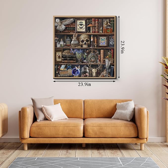 Bookshelf Puzzles for Adults 1000 Pieces, Vintage Gothic Library Jigsaw Puzzle, Magic Skulls, Books, Candles and Butterflies Puzzle