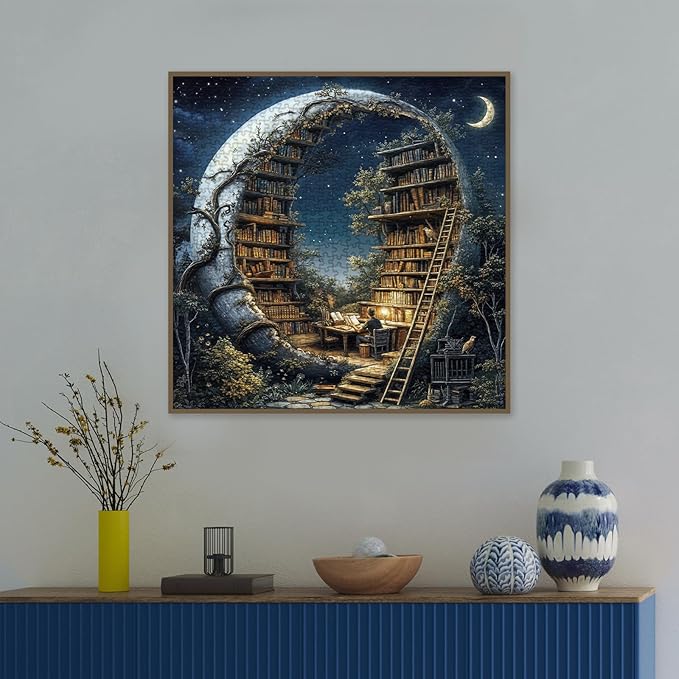 Magic Moon Library Puzzle 1000 Pieces for Adults, Night Book Forest Fantasy Jigsaw Puzzle, Vintage Space Bookshelf Nature Puzzles