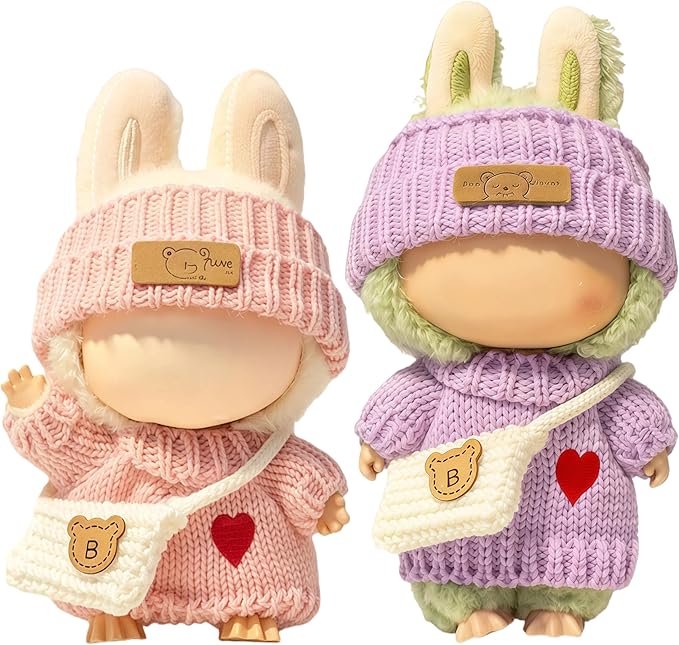 (2 Pack) Clothes for LABUBU 17cm Doll, 6-Piece Handcrafted Crochet Accessories for LABUBU, Premium Outfits for LABUBU Unique Dress up - Heart Sweater + Hat + Bag (Pink & Purple)