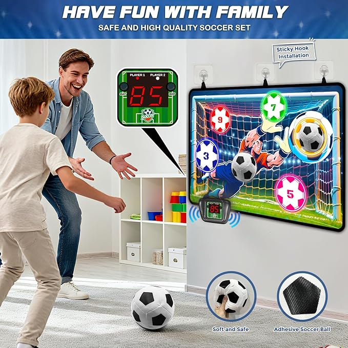 VATOS Electronic Scoring Soccer Toy Game Set for Kids, Indoor Outdoor Soccer Training Target with Real-Time Scoring, 2 Modes, Fabric Goal and 2 Soft Balls, Fun Sport Birthday Ages 3+