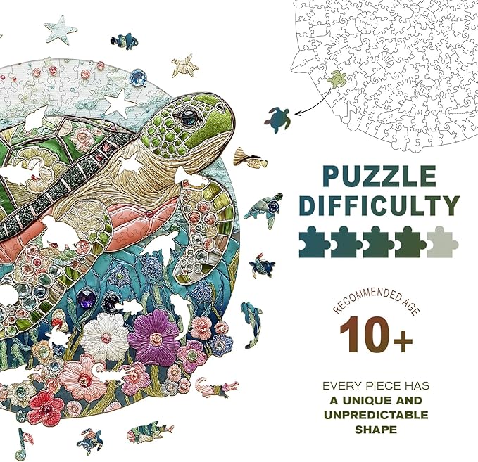 Wooden Puzzles for Adults - Embroidered Turtle Wooden Jigsaw Puzzle, Unique Animal Shaped Wood Puzzles Adult, Christmas Birthday Gifts for Friends/Family, Home Decor 13.4"x13.3"-270pcs