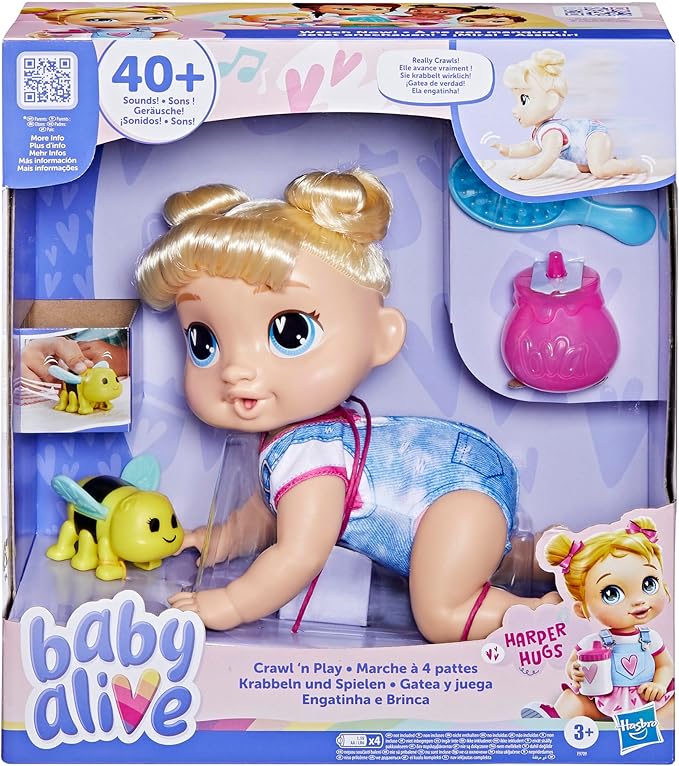 Baby Alive Crawl 'n Play Harper Hugs Electronic Crawling Baby Doll Set, Blonde Hair, Kids Toys for Girls & Boys 3 Years & Up, 10.75 Inches