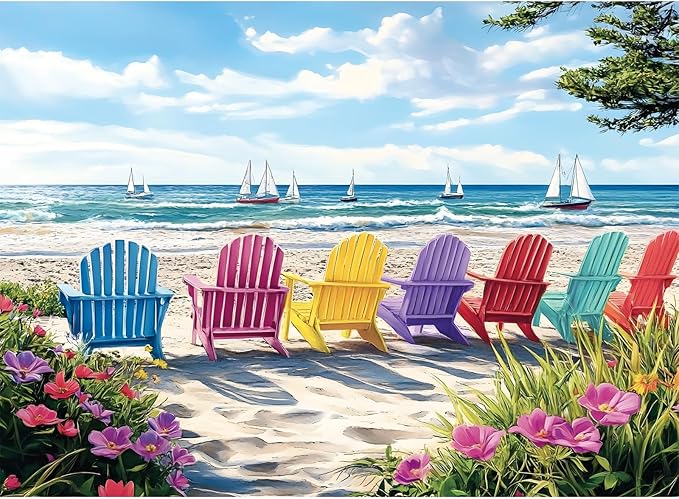 500 Piece Puzzles for Adults,Hawaiian Beach Rainbow Chair Puzzle for Adults Seniors,Recycled Paper Colorful Summer Sailboat Scene Jigsaw Puzzle,Challenging for Friends Men Women,20.5 * 15In
