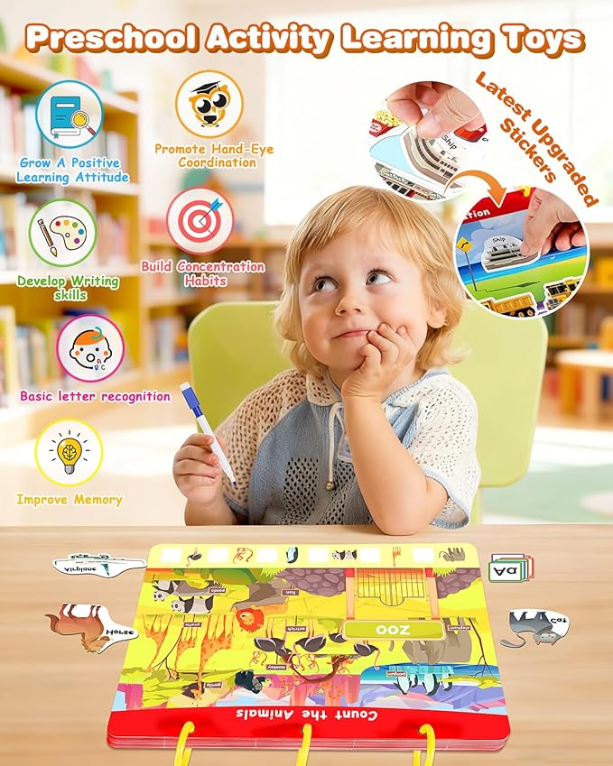 Montessori Preschool Busy Book for Toddlers - Activity Books for Kids Ages 3-5 - Preschool Learning Activities - Workbook Activity Binder - Autism Sensory Toys - Gifts for 3 4 5 6 Year Old Boys Girls