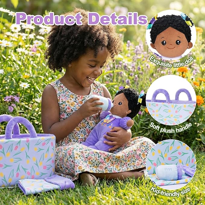 OUOZZZ 10" Baby Doll Accessories, African American Doll Pretend Playset for Social Emotional Learning, Perfect Birthday Toy & Gift for 2 Year Old Girls