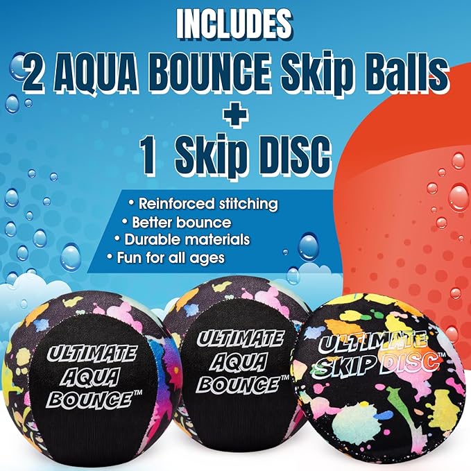 Activ Life Ultimate Skip Ball, Large 3" - 2 Water Skip Balls with 1 Skip Disc - Water Bouncing Ball Set for Beach, Pool & Lake Games - Fun Summer Toys for Kids, Teens, Adults & Families
