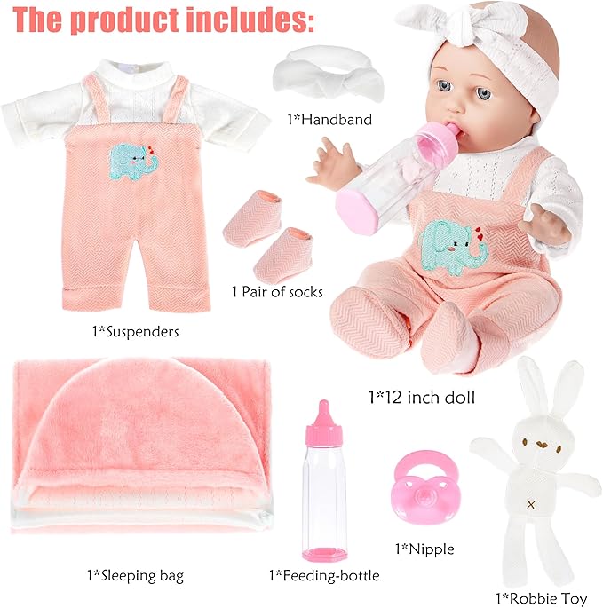 dollbie 12 inch Baby Doll - Adorable Doll and Accessories Including Romper, Sleeping Bag, Feeding Accessories, Rabbit Plush Toy