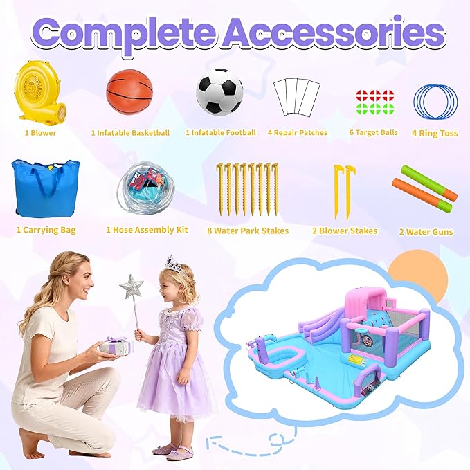 10-in-1 Inflatable Water Slide for Kids Giant 19.3Ft x 16.6Ft Backyard Water Park with Dual Slides, Deep Pool, Outdoor Bounce House Water Slide with Sports Zone, Includes 850W Blower