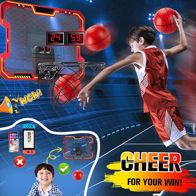 Basketball Hoop Indoor for Kids(4-12 Years Old), Over The Door Basketball Hoop with Scoring, Countdown and Music Accompaniment, Christmas Toys