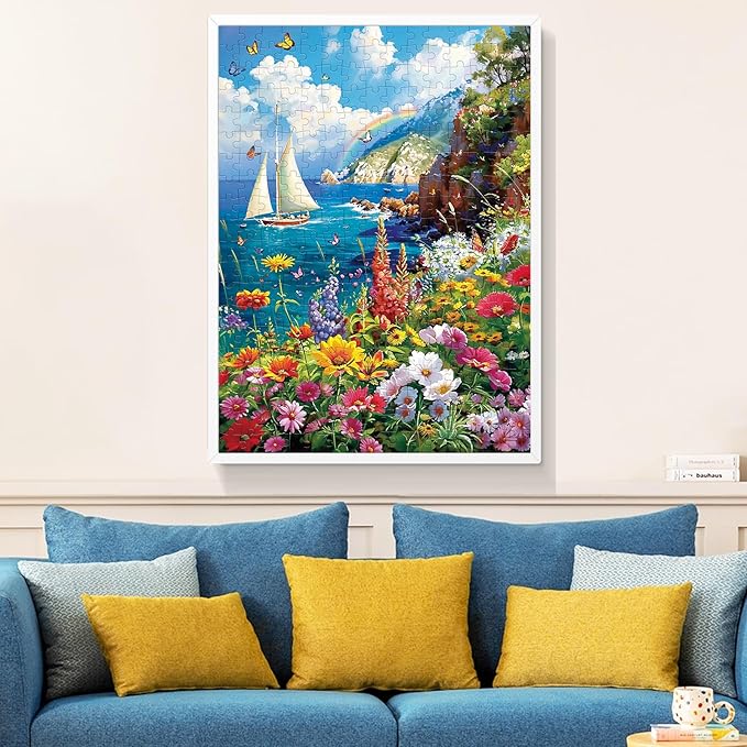 300 Pieces Puzzles for Adults–Colorful Garden By The Ocean Puzzle for Adults Children Elderly–Recycled Paper Puzzle 300 Pieces–Glossy, Sturdy Pieces Challenging Family Game Great Gift Idea (20.5x15in)