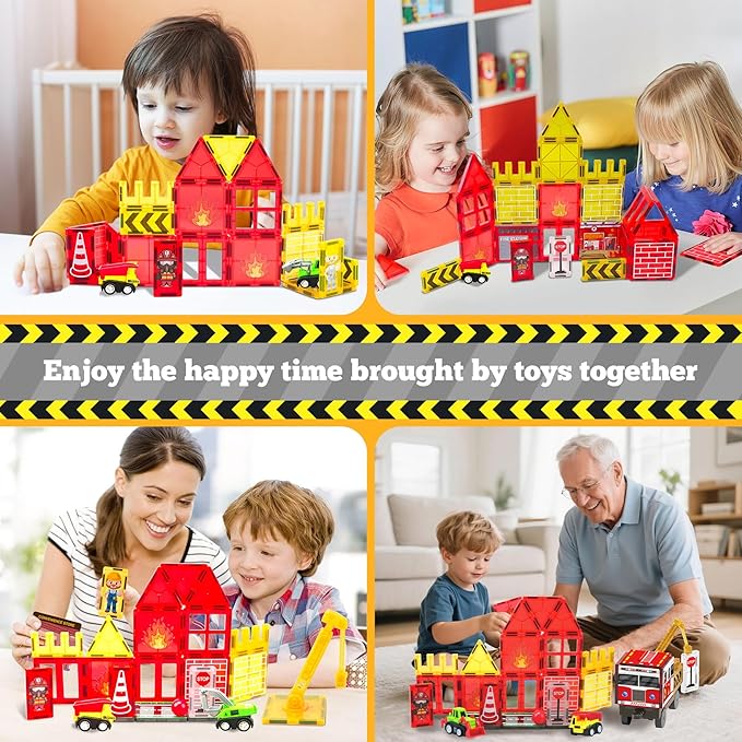 Magnetic Tiles for Kids, 56PCS Construction Magnet Tiles with Fire Truck & Station, Building, Road, Crane, and Car Truck - STEM Magnetic Blocks for Kids Ages 4-8, Toys for 4+ Year Old Boys Gifts