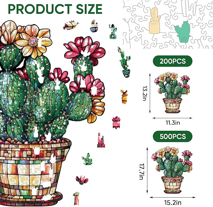 Delobil Stained Glass Cactus Wooden Puzzles for Adults, 500 Pieces Jigsaw Puzzles, Unique Shaped Royal Size Wood Puzzle Gift for Adults and Kids, Family Game 15.2'' x 17.7''
