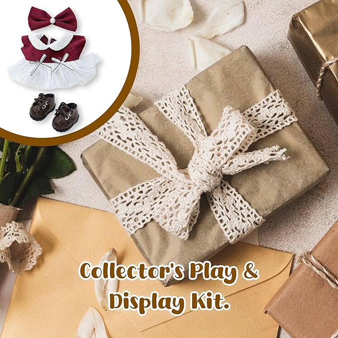 Handmade 17cm Doll Clothes - Cute Styles 15cm/17cm Dolls Outfits, Burgundy Bow - Burgundy Dress - Brown Shoes for Dress Up Gift（Including Shoes） (Wine red Set)
