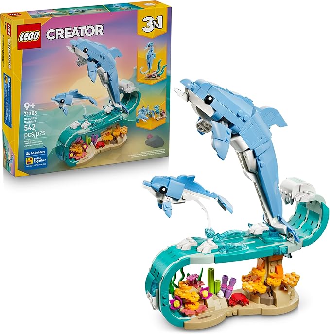 LEGO Creator 3 in 1 Sea Animals: Beautiful Dolphins Building Toy for Girls, Boys, & Kids, Ages 8+ - Gift for Birthdays - Build a Dolphin, Seahorse, or Crab Animal Figure - 31385