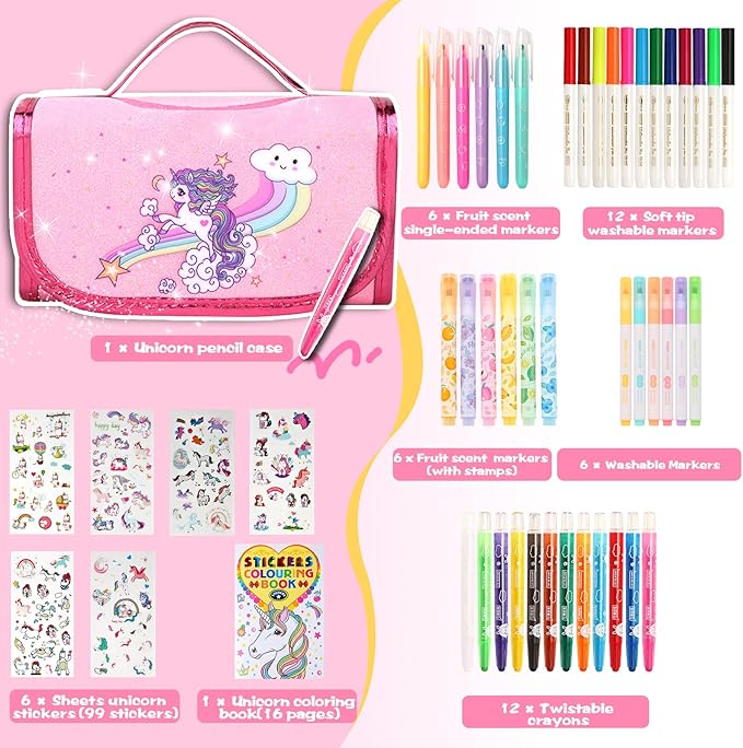 50 Pcs Fruit Scented Washable Markers Set with Coloring Book, Unicorn Girls Coloring Set Art Supplies Gifts Toys for Girls Age 4 5 6 7 8 (Pink)