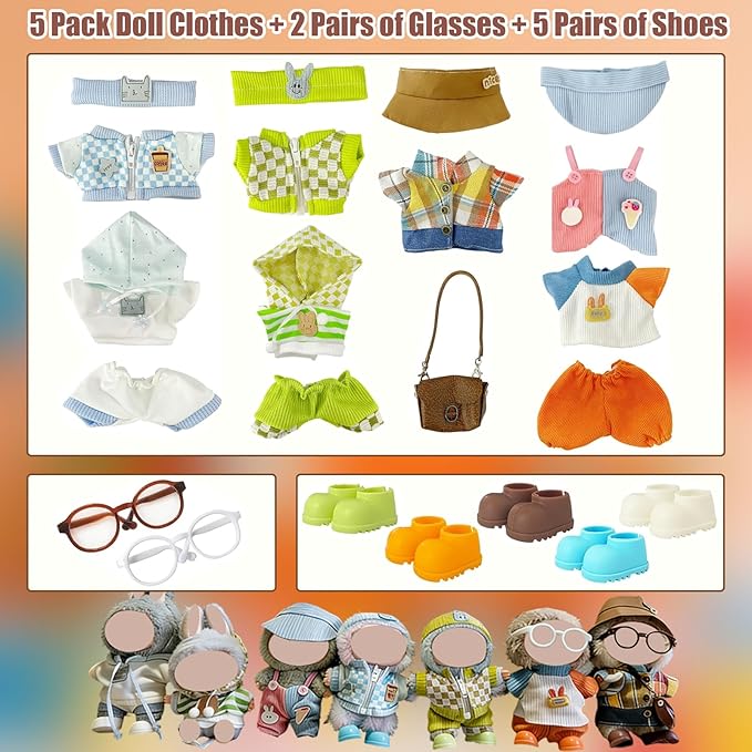 Ezcora 5 Casual Outfit Sets for 17cm Dolls – Colorful Clothes with Hats, Glasses, and Matching Shoes, Cool Dress Up Accessories for 17 cm Doll Play and Display, (No Dolls)
