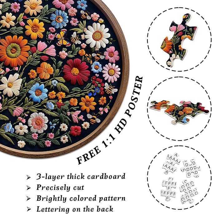 Vintage Wildflower Puzzles for Adults 1000 Pieces, Round Butterfly Bee Plant Puzzle Nature Art, Circle Pretty Flower Garden Jigsaw Puzzle, Retro Aesthetic Floral Puzzle