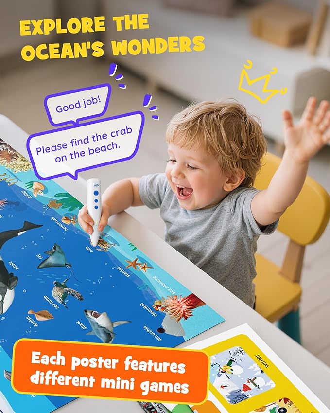 TEKFUN Interactive ABCs & 123s Learning Poster with Talking Pen, Autism Sensory Educational Toys, Toddler Birthday Gifts for Kids Ages 1 2 3 4 5 6