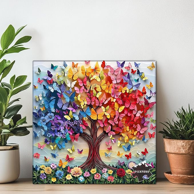 PICKFORU Colorful Butterfly Puzzles for Adults 1000 Pieces, Tree of Life Jigsaw Puzzle Rainbow Floral, Unique Spring Flower Art Theme as Home Decor