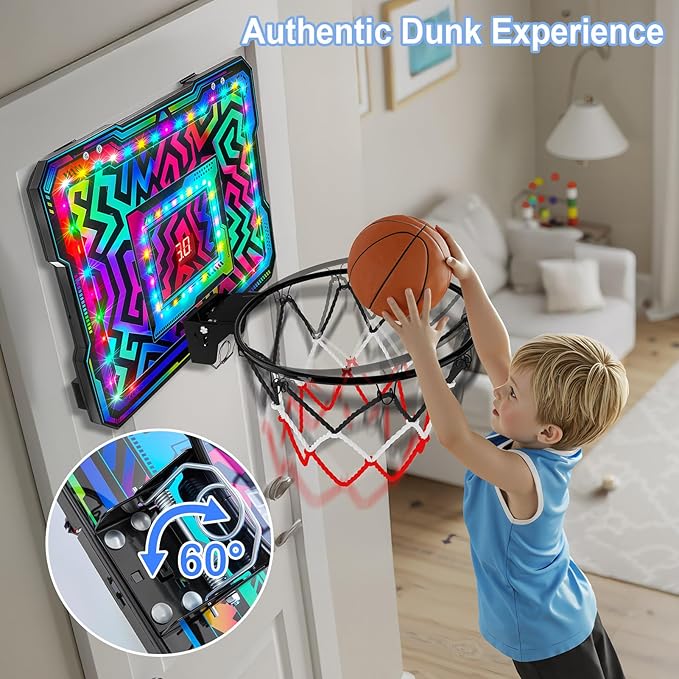 Indoor Mini Basketball Hoop, Over The Door Basketball Hoop with LED Lights/Scoreboard/4 Balls, Upgraded Reinforced Backboard Frame, Basket Ball Toys Gift for Kids Ages 3-5-12+ Boys Girls