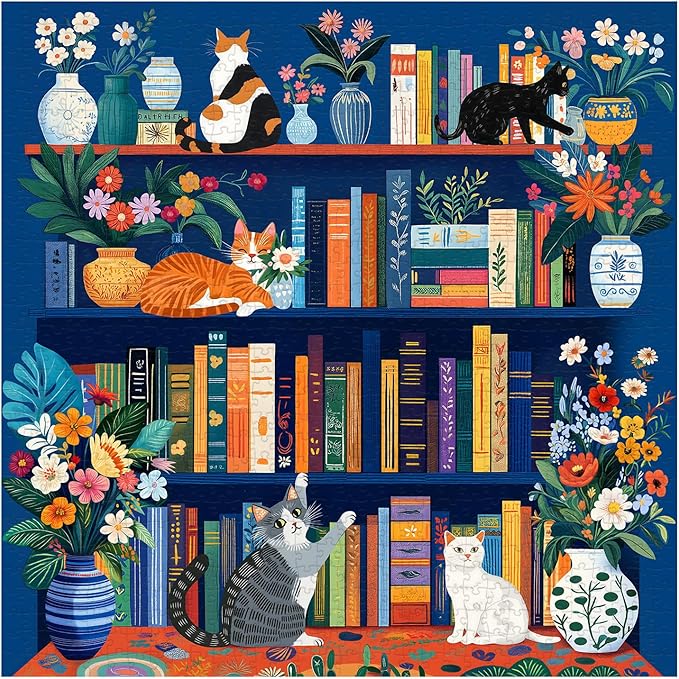 Cat Book Puzzles for Adults 1000 Pieces, PICKFORU Wildflower Pages Jigsaw Puzzle Bookshelf Library, Impossible Hard Floral Vase Theme for Book Lover