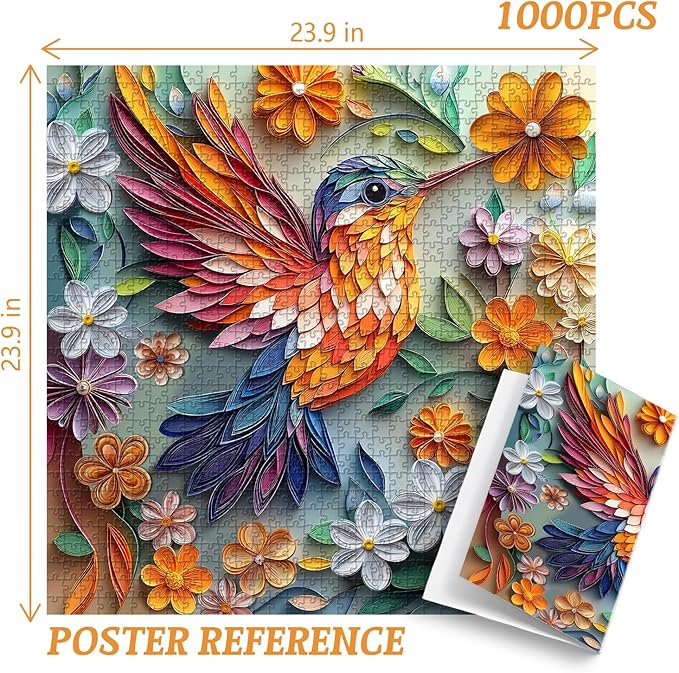 Hummingbird 1000 Piece Puzzle for Adults, PICKFORU Bird Flower Jigsaw Puzzle 1000 Pieces, Quilling Paper Cut Art Puzzles, Challenging Floral Garden Puzzle as Wall Decor