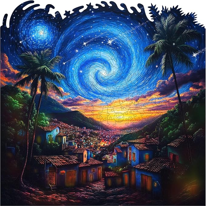 Mys Aurora 500 Pieces Puzzles for Adults, Starry Night Wooden Puzzles, Unique Shaped Jigsaw Puzzle Birthday Scenery Gift Challenging Family Game for Kids and Adults 15.9 * 15.9 Inches