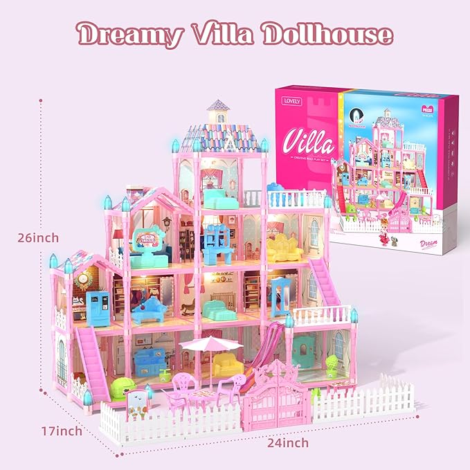 Doll House for Girls with Lights, 3 Dolls, 4 Floors -13 Rooms, 7 Sets of Furniture and Accessories, Design and Build Gift for 3 4 5 6 7 8+ Year Old Girls